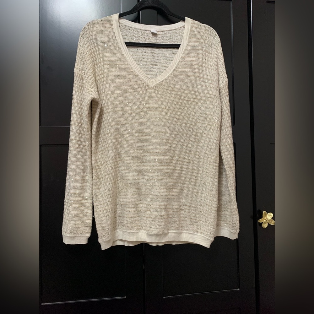 s.Oliver Beige V-Neck Sweater, women’s,10,sparkle,gold,holiday,elegant,classic,M